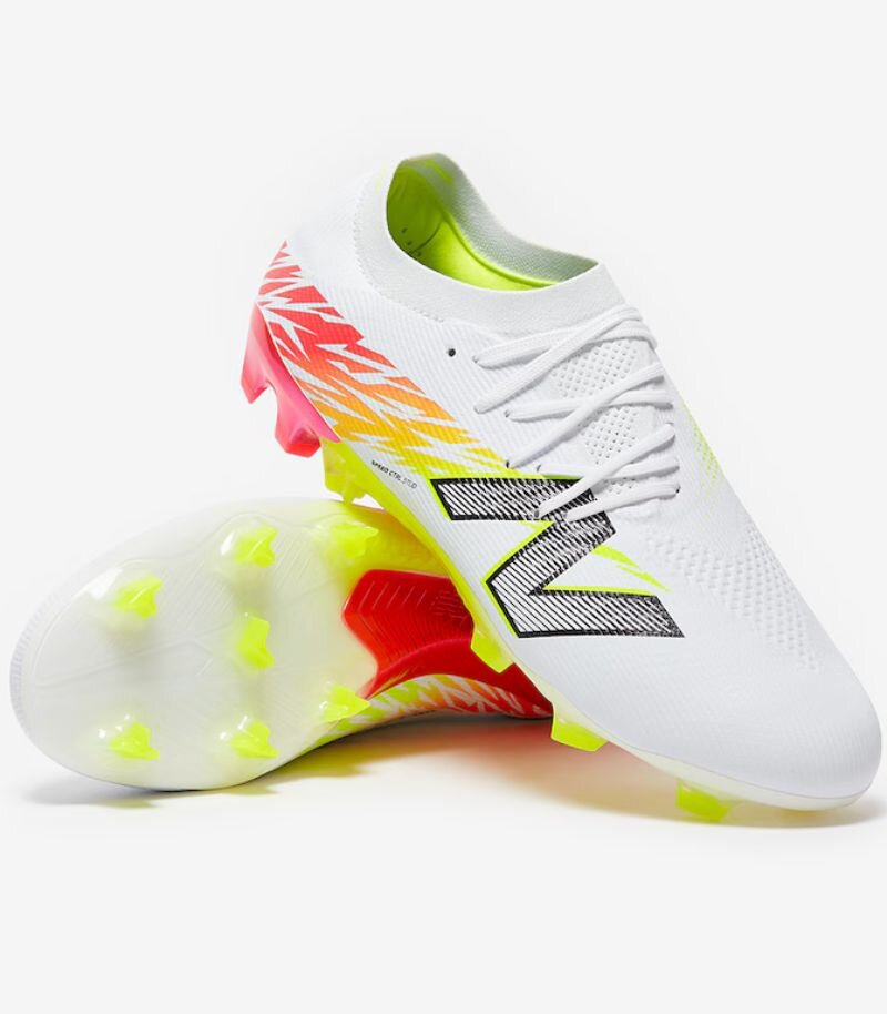 new balance furon v8 football boots in white with red and yellow details 